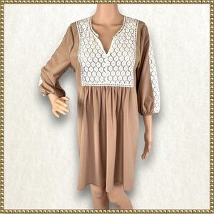 Umgee Taupe White Lace Babydoll Dress Small
